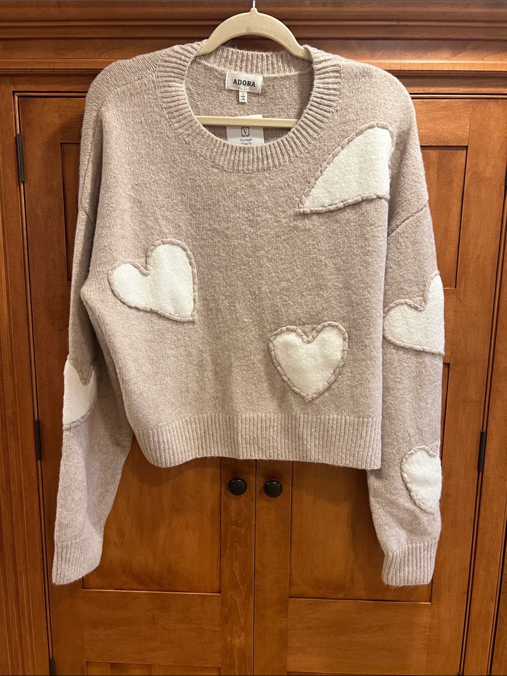 ADORA Beige Cream Heart Patch Crewneck Sweater
